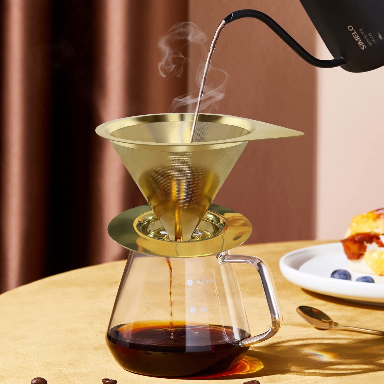 Verter sobre el gotero de café Acero inoxidable Filtro de café de goteo lento Cono de metal Reutilizable sin papel 